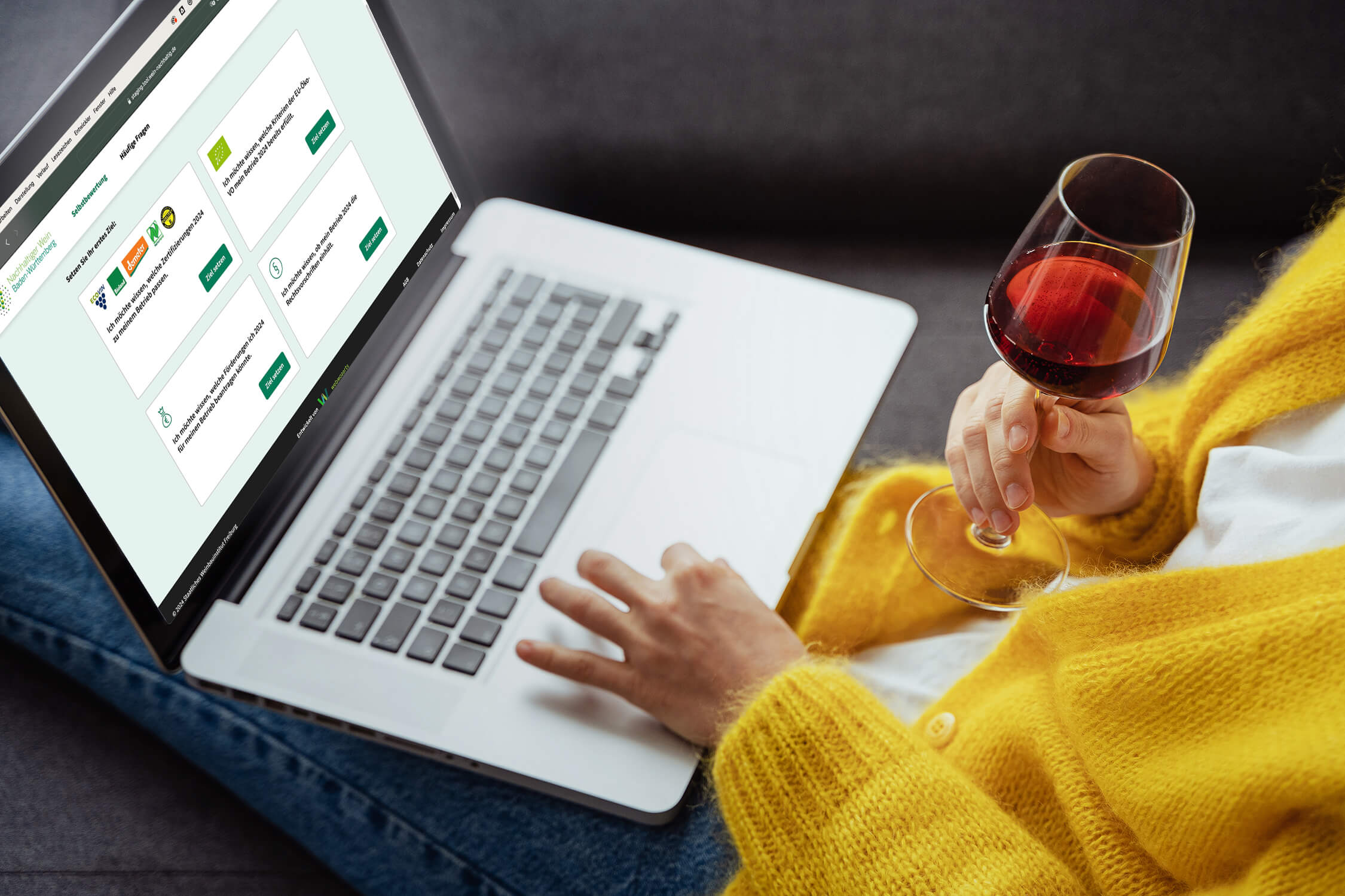 Eine Person in einem gelben Pullover sitzt auf einem Sofa, hat einen Laptop auf dem Schoß und ein Glas Rotwein in der rechten Hand. Auf dem Laptop-Bildschirm wird eine Webseite mit mehreren Symbolen und Text angezeigt, die auf Online-Dienste oder -Anwendungen hinweisen.